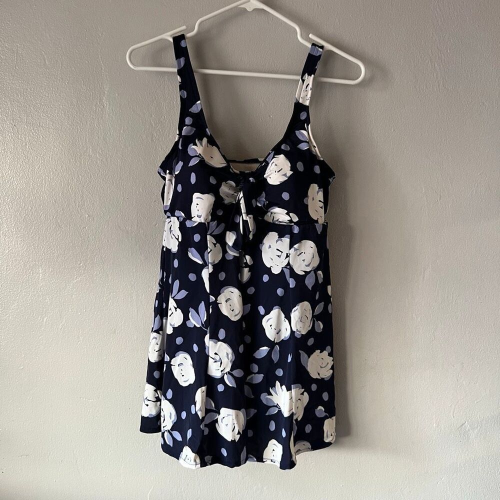 Croft & Barrow navy blue floral and polka-dot print swim dress V-neckline